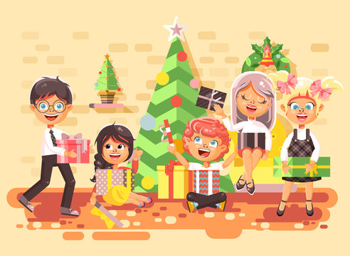 Vector illustration cartoon characters children, boys and girls in room under Christmas tree, happy New Year and Christmas, give gifts, rejoice and celebrate flat style element for motion design