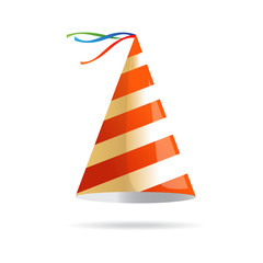 Birthday party hat with stripes. Vector isolated illustration. Holiday icon. Isometric 3d illustration