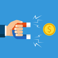 Flat design, vector illustration. Human hand holding a magnet. Concept of attracting investments. Money, business, success magnet.