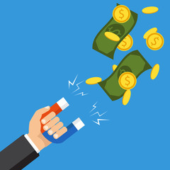 Flat design, vector illustration. Human hand holding a magnet. Concept of attracting investments. Money, business, success magnet.