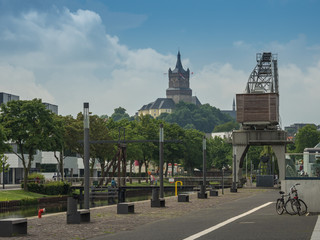 view at the Schwanenburg from the old harbour, Kleve