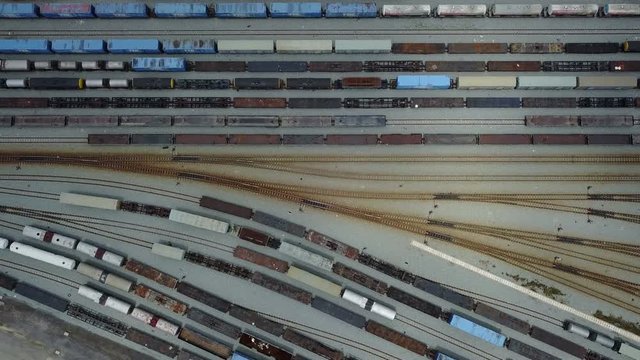 4K Aerial view of railroad rail yard