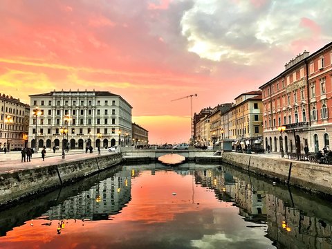 Incredible sunset in Ponterosso Square in Trieste Italy