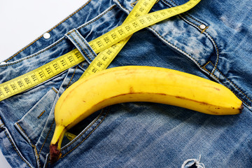 Denim pants with banana imitating male genitals