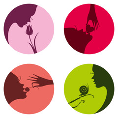 Four round female icons. Beauty is youth and nature. Vector flat design.