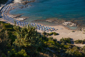 Famous nudist beach in Faliraki. Top view of the beach in Rhodes. Popular beach on the island.