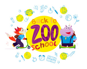 Vector flat collection of happy funny animal students. Back to school icon collection. Doodle study element set isolated on white background. Cartoon style. Good for sticker, banner, packaging design