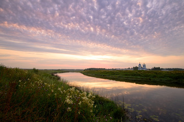 Early morning in the countryside. Sunrise over the river. European part of Russia.