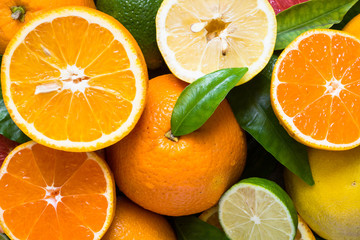 Fresh citrus fruit assortment. Fruit background.