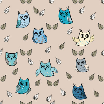 Owl leaves vector seamless pattern. Vector owl. Animals and bird