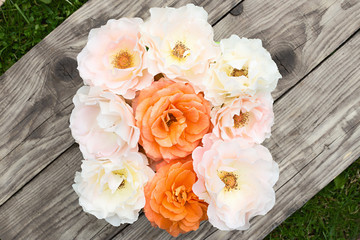 Pink and orange roses on old boards