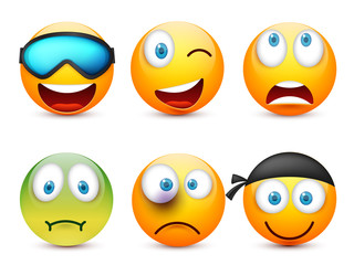 Smiley with blue eyes,emoticon set. Yellow face with emotions. Facial expression. 3d realistic emoji. Sad,happy,angry faces.Funny cartoon character.Mood.Vector illustration.