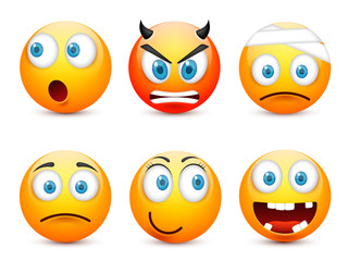 Smiley with blue eyes,emoticon set. Yellow face with emotions. Facial expression. 3d realistic emoji. Sad,happy,angry faces.Funny cartoon character.Mood.Vector illustration.