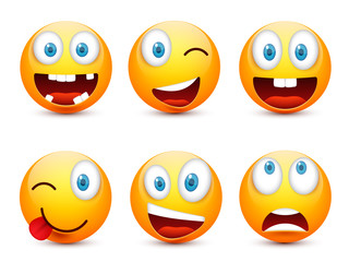 Smiley with blue eyes,emoticon set. Yellow face with emotions. Facial expression. 3d realistic emoji. Sad,happy,angry faces.Funny cartoon character.Mood.Vector illustration.