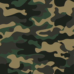 Camouflage seamless pattern background. Classic clothing style masking camo repeat print. Green brown black olive colors forest texture. Design element. Vector illustration.