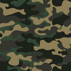 Camouflage seamless pattern background. Classic clothing style masking camo repeat print. Green brown black olive colors forest texture. Design element. Vector illustration.