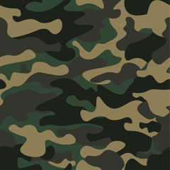 Camouflage seamless pattern background. Classic clothing style masking camo repeat print. Green brown black olive colors forest texture. Design element. Vector illustration.