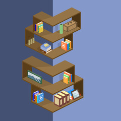 Isometric 3D vector illustration Bookshelf with piles of books. Design interior design for the arrangement of books