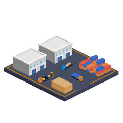 Isometric 3D vector illustration Warehouse with freight transport. Freighter, cargo and Forklift.