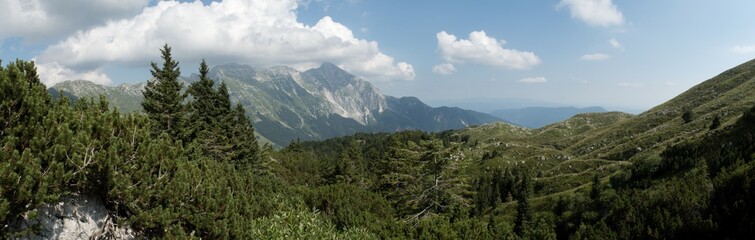 Fototapeta na wymiar panorama with Krn mountain from the hillside of Krasji vrh in Julian Alps in Slovenia