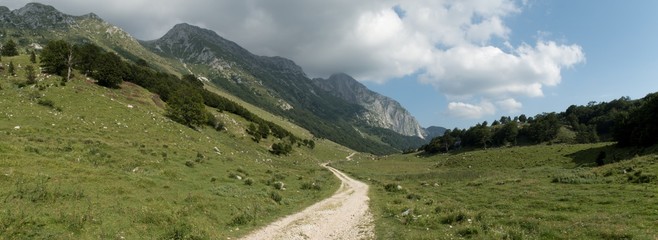 valley of planina Zaprikaj with summit of Krn in Triglav national park in Julian Alps in Slovenia