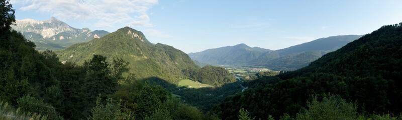 Fototapeta na wymiar panorama with Krn mountain from Stari grad above Kobarid in Julian Alps in Slovenia