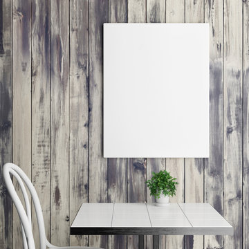 White poster above coffee table, wooden background, 3d illustration