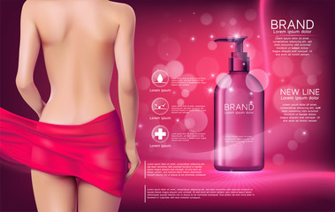 Design of web banner with Hygiene products. Advertising of means for care of body skin for women. Concept vector illustration of cosmetic products.