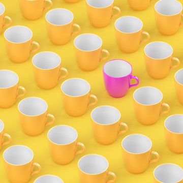 Pink coffee glass out standing from multiple yellow glass.