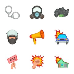 Public disorder icons set, cartoon style