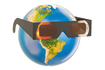 Solar Eclipse concept, Earth Globe with solar eclipse glasses. 3D rendering