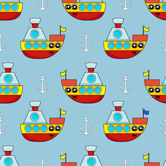 Cute kids pattern for girls and boys. Colorful ship on the abstract bright background create a fun cartoon drawing.The background is made in blue colors.Urban backdrop for textile and fabric