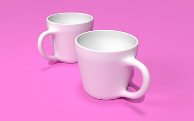 Porcelain cups on pink background render