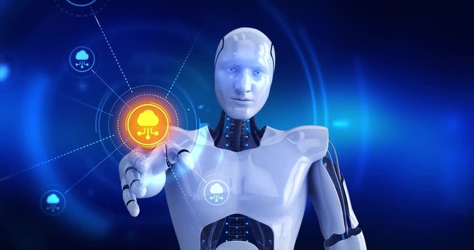 Humanoid robot touching on screen then cloud computing symbols appears. 4K+ 3D animation concept.