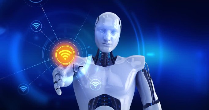 Humanoid robot touching on screen then wireless symbols appears. 4K+ 3D animation concept.