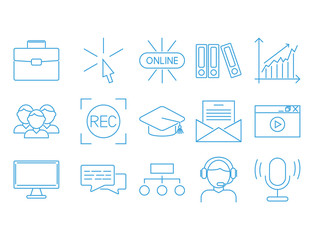Flat outline icons online education staff training book store distant learning knowledge vector illustration