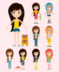 Street fashion girls models wear style fashionable stylish woman characters clothes looks vector illustration