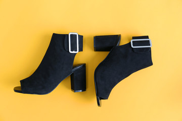 Female stylish shoes on color background