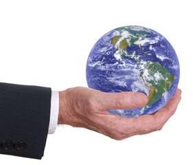 Man offers the world, the earth. Europe , Africa show, Corporate responsibility. Environmental concept. Some elements in this image furnished by NASA.