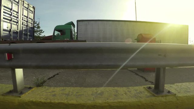 Truck Triler drive enter Pay Toll Ramp Traect