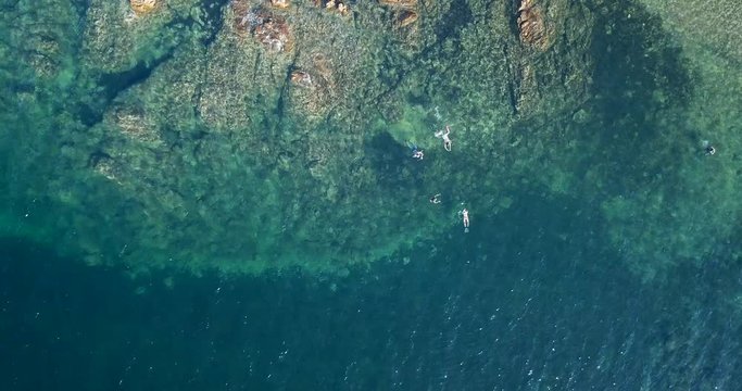 Video from above, aerial view of a family doing snorkeling in Sardinia, Italy.
