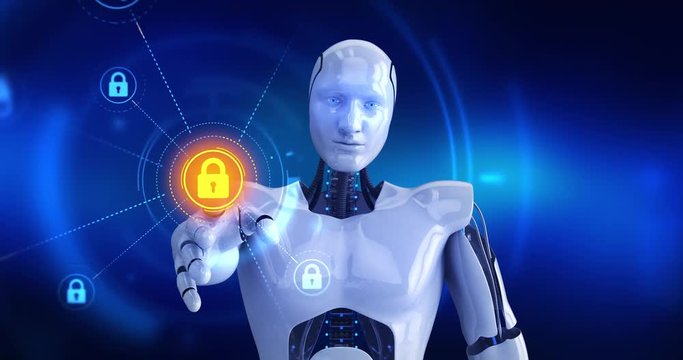 Humanoid robot touching on screen then security lock symbols appears. 4K+ 3D animation concept.