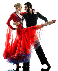one caucasian man and woman couple ballroom tango salsa dancer dancing in studio silhouette...