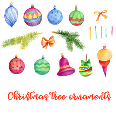 Christmas tree ornaments, New Year, winter holidays, winter decor, watercolor clip art, hand painted illustration, beautiful ornaments, bows, branches
