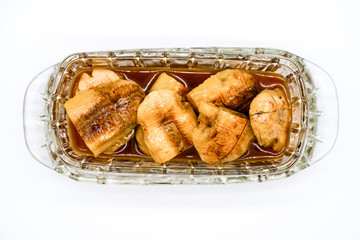 Coconut- Caramel Sauce on top of grilled Bananas in luxury glass