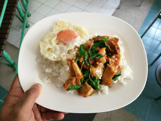 Basil fried rice with crispy pork and Egg