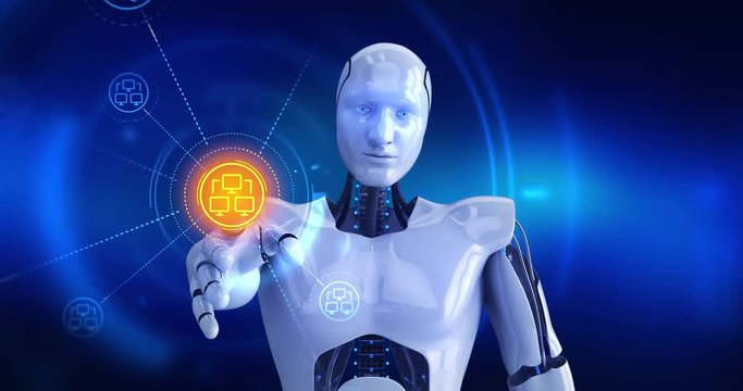 Humanoid robot touching on screen then computer network symbols appears. 4K+ 3D animation concept.