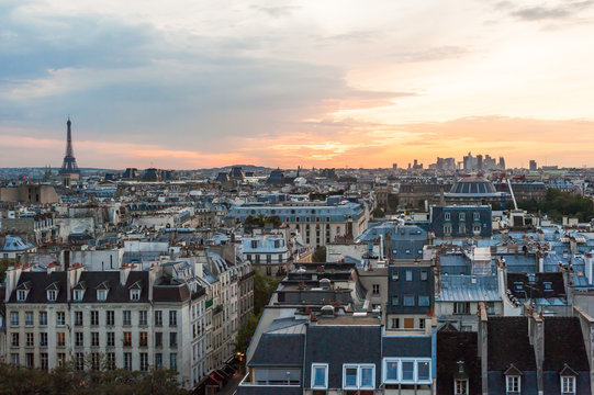 Paris skyline aerial view at sunset, France