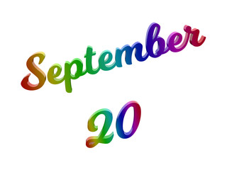 September 20 Date Of Month Calendar, Calligraphic 3D Rendered Text Illustration Colored With RGB Rainbow Gradient, Isolated On White Background
