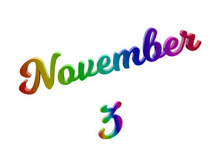 November 3 Date Of Month Calendar, Calligraphic 3D Rendered Text Illustration Colored With RGB Rainbow Gradient, Isolated On White Background
